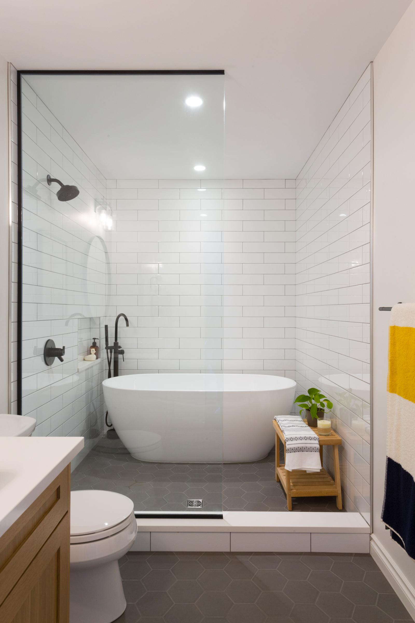 Subway Tile Modern Bathroom With Grey Hexagon Tile Flooring
