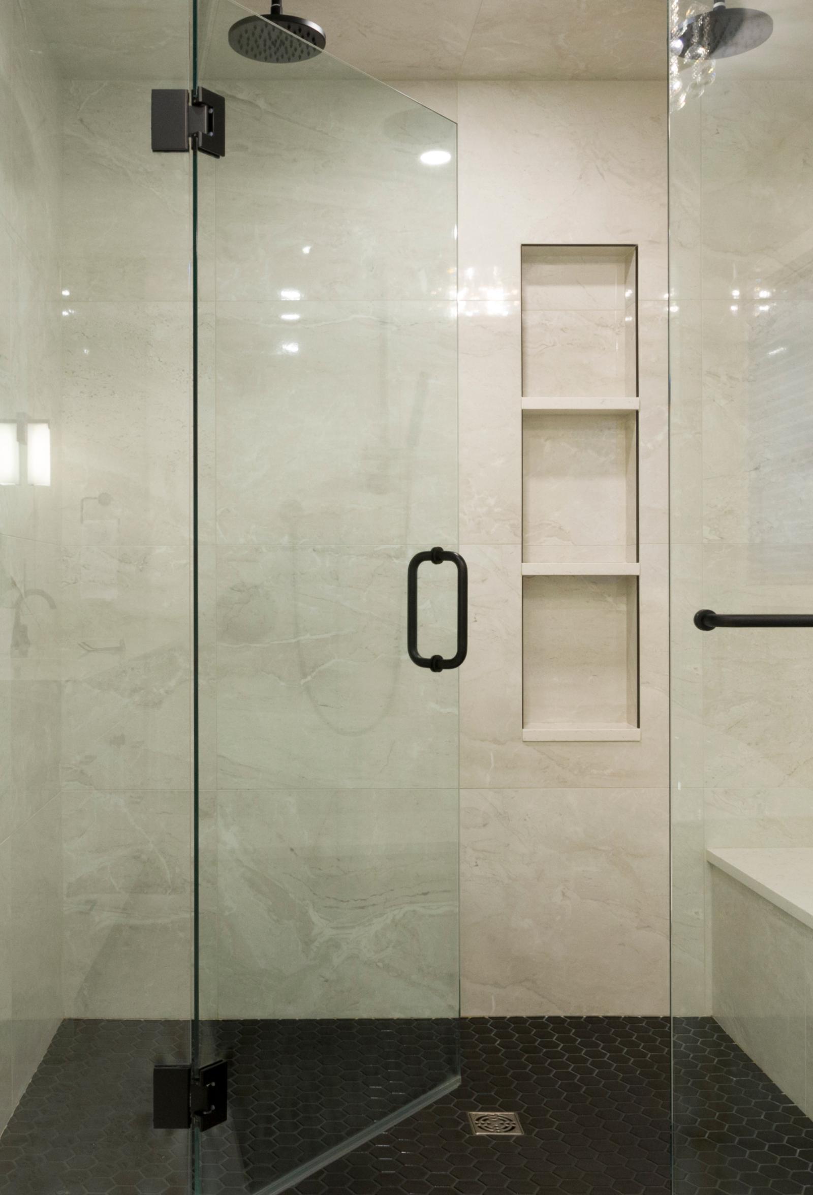 Walk-In Shower With Warm Neutral Tile